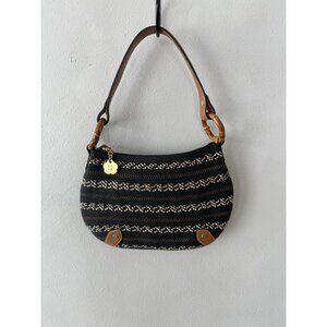 Eric Javits Woven Straw Leather Strap Zip Top Bag Purse Black Tan Brown Shoulder